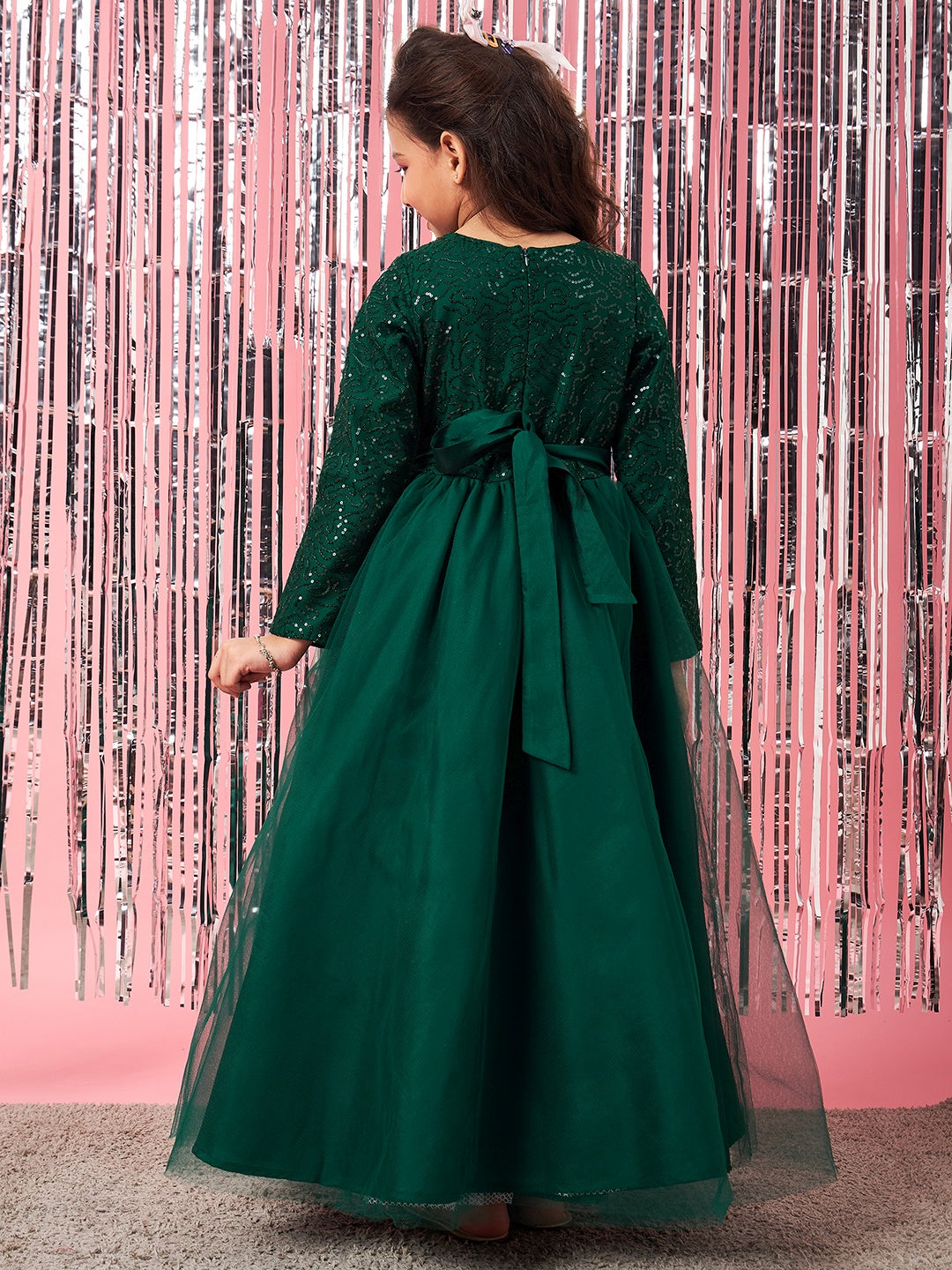 Girls Embellished Sequinned Fit & Flare Lace Maxi Dress (d-seqgown)