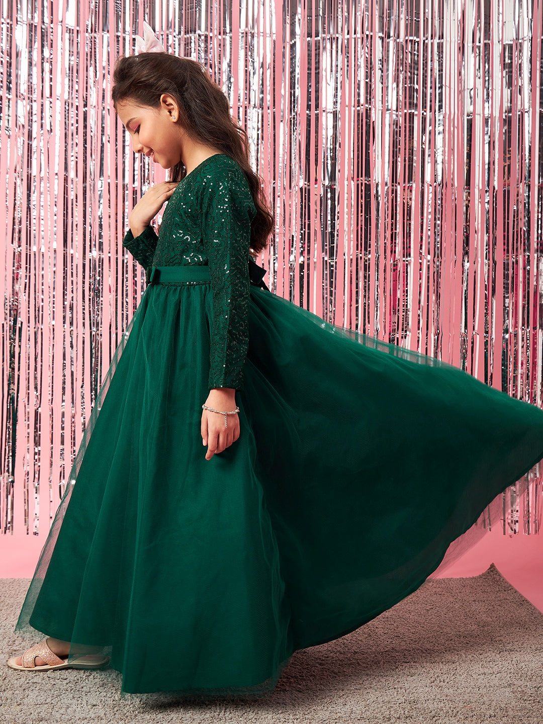 Girls Embellished Sequinned Fit & Flare Lace Maxi Dress (d-seqgown)