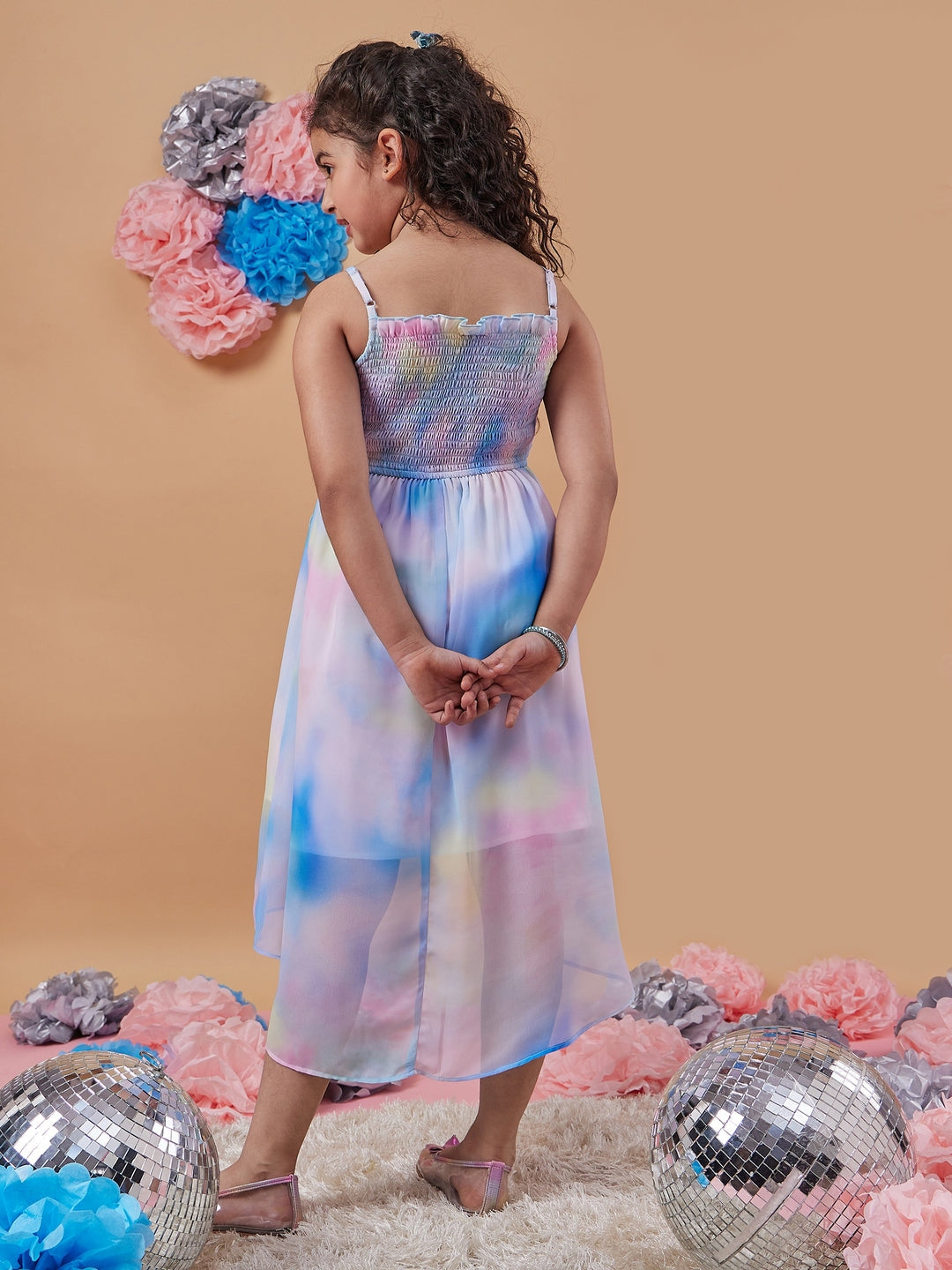 Girl's Tie Dye Shoulder Strap Georgette Fit Flare Midi Dress Stylish & Trendy For Every Occasion (d-shadedasy)