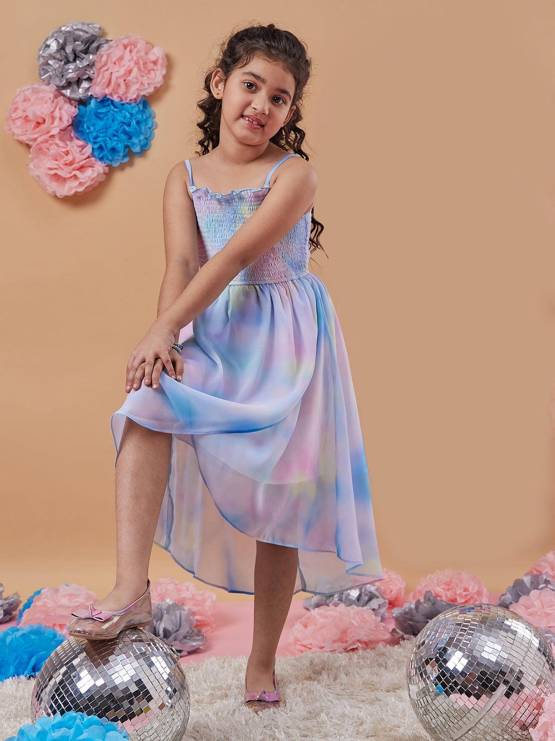 Girl's Tie Dye Shoulder Strap Georgette Fit Flare Midi Dress Stylish & Trendy For Every Occasion (d-shadedasy)