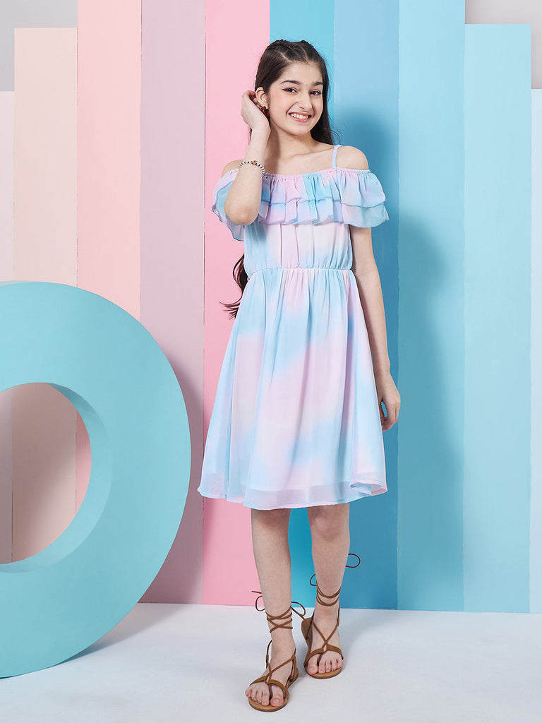 Girl's Off-Shoulder Tie Dye Georgette Fit Flare Dress Blue Color Trandy Style Casual Wear (d-shadedblu)