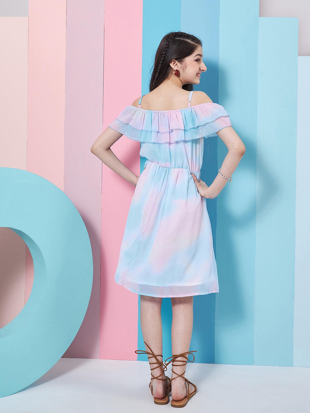 Girl's Off-Shoulder Tie Dye Georgette Fit Flare Dress Blue Color Trandy Style Casual Wear (d-shadedblu)