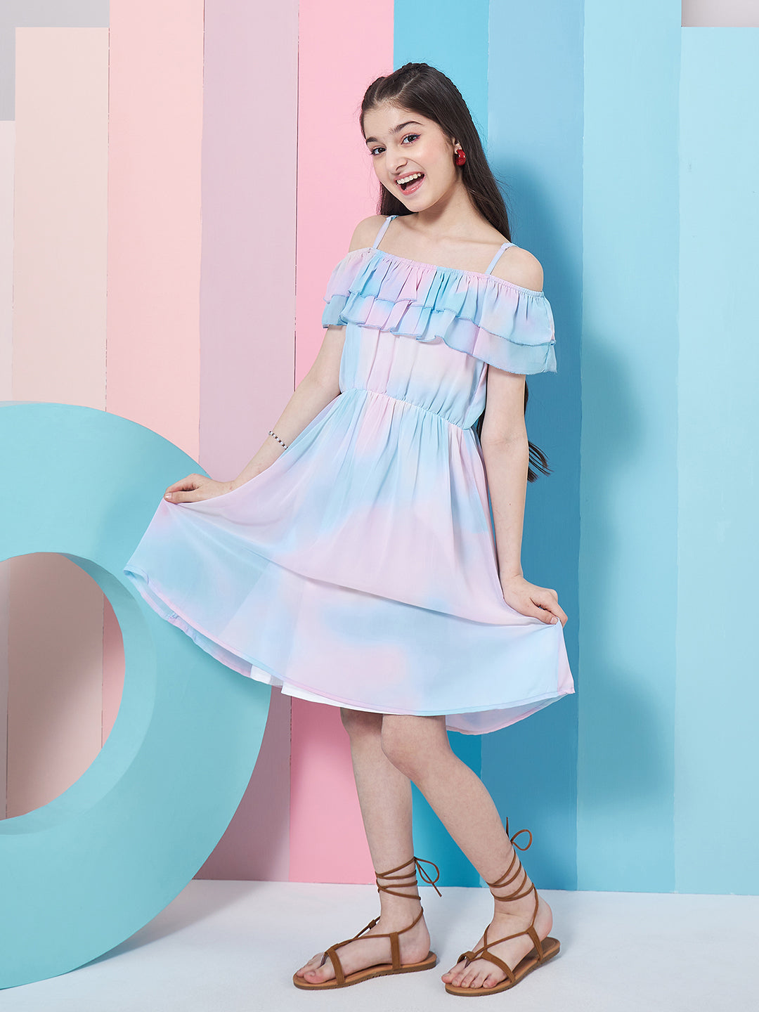 Girl's Off-Shoulder Tie Dye Georgette Fit Flare Dress Blue Color Trandy Style Casual Wear (d-shadedblu)