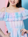 Girl's Off-Shoulder Tie Dye Georgette Fit Flare Dress Blue Color Trandy Style Casual Wear (d-shadedblu)