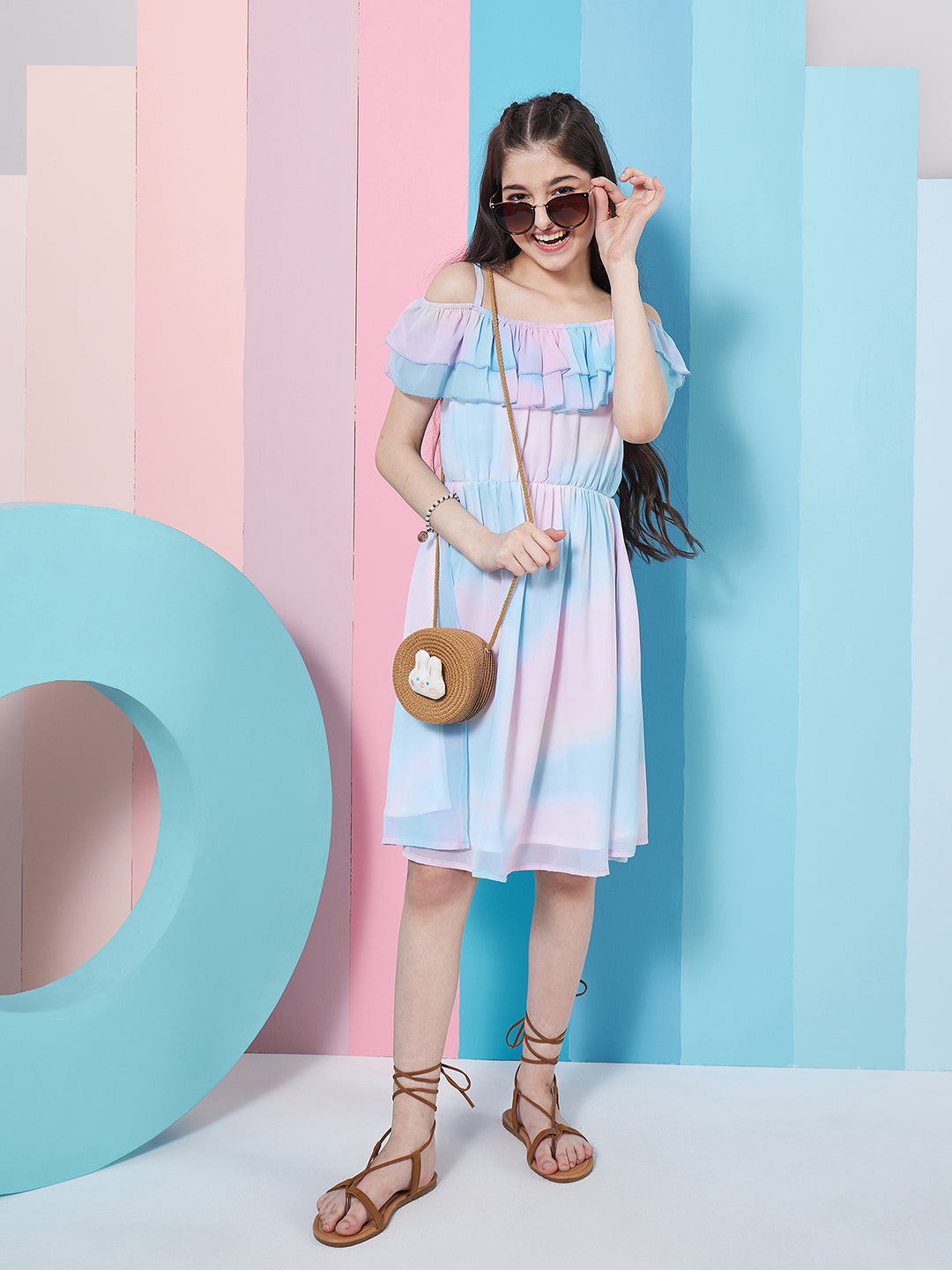 Girl's Off-Shoulder Tie Dye Georgette Fit Flare Dress Blue Color Trandy Style Casual Wear (d-shadedblu)