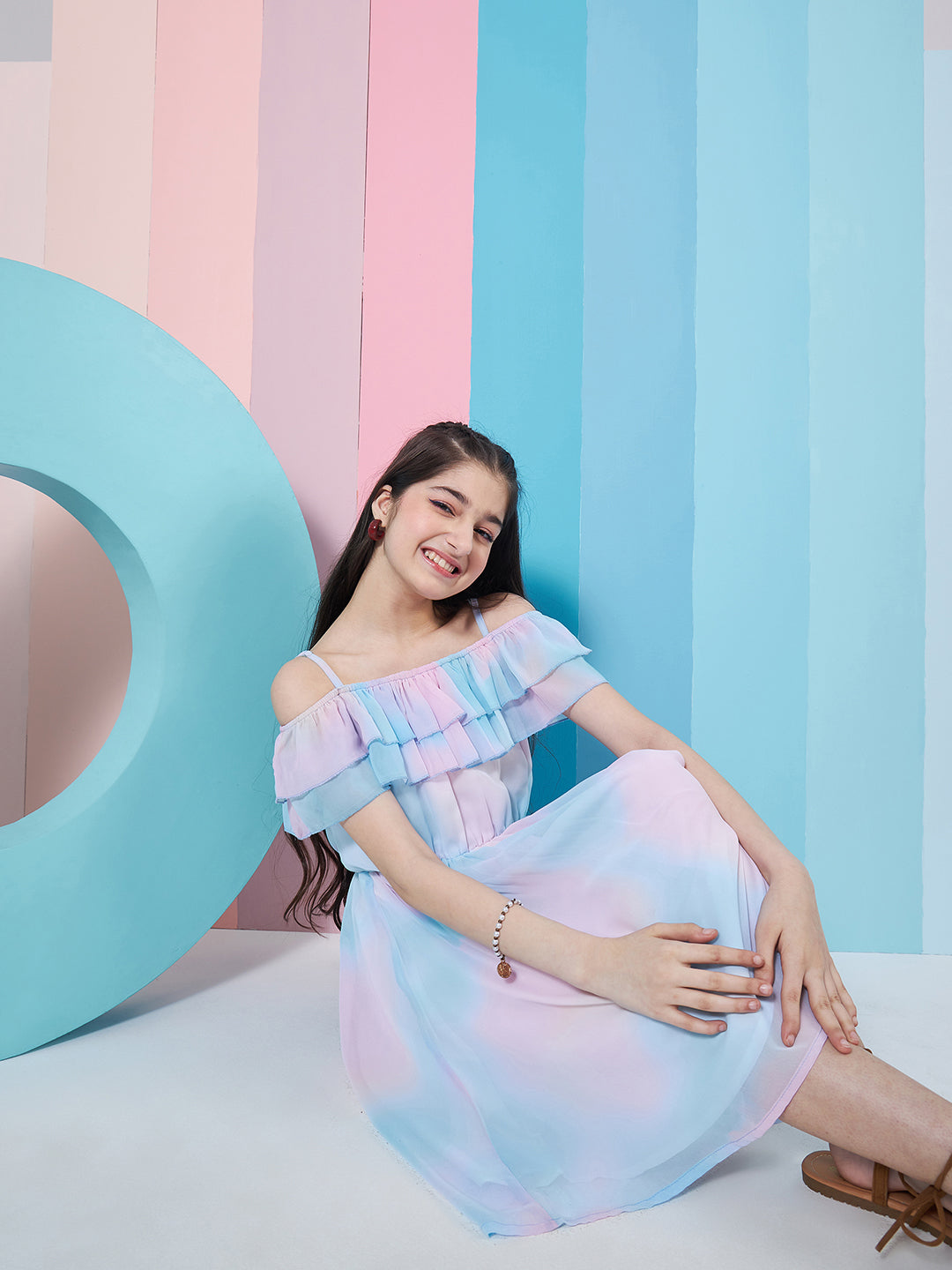 Girl's Off-Shoulder Tie Dye Georgette Fit Flare Dress Blue Color Trandy Style Casual Wear (d-shadedblu)