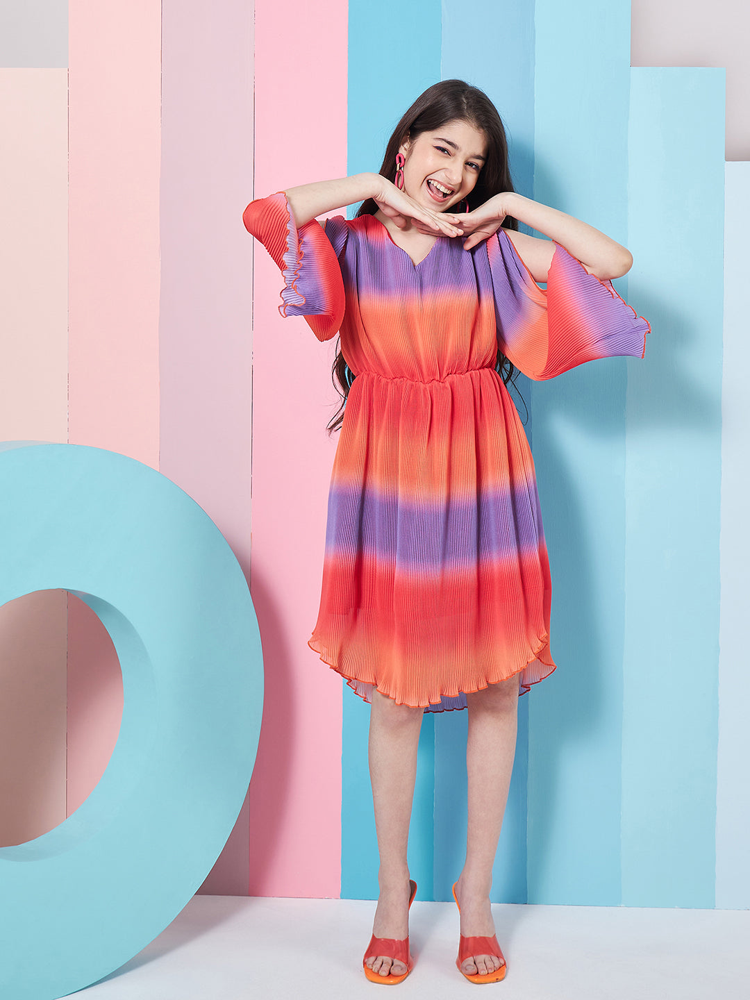 Girl's V-Neck Tie And Dye Striped Flared Sleeve Fit Flare Dress Orange ColorTrendy Stylish Outfit (d-shadeorange)