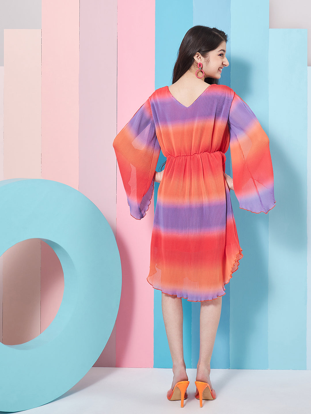 Girl's V-Neck Tie And Dye Striped Flared Sleeve Fit Flare Dress Orange ColorTrendy Stylish Outfit (d-shadeorange)