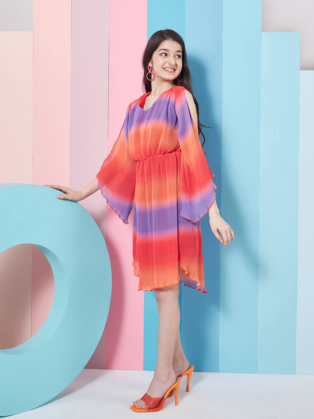 Girl's V-Neck Tie And Dye Striped Flared Sleeve Fit Flare Dress Orange ColorTrendy Stylish Outfit (d-shadeorange)