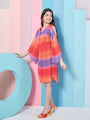 Girl's V-Neck Tie And Dye Striped Flared Sleeve Fit Flare Dress Orange ColorTrendy Stylish Outfit (d-shadeorange)