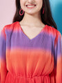Girl's V-Neck Tie And Dye Striped Flared Sleeve Fit Flare Dress Orange ColorTrendy Stylish Outfit (d-shadeorange)