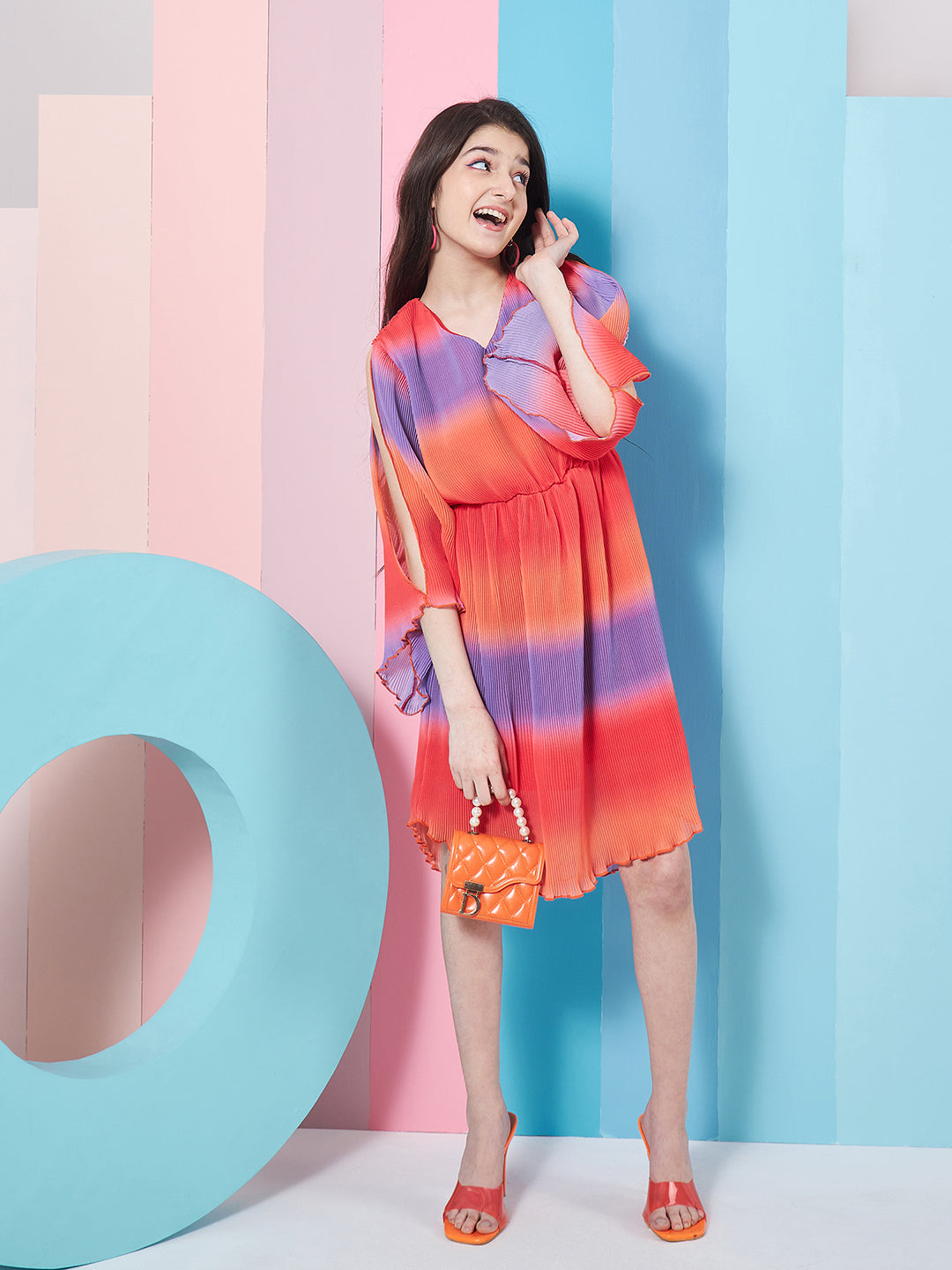 Girl's V-Neck Tie And Dye Striped Flared Sleeve Fit Flare Dress Orange ColorTrendy Stylish Outfit (d-shadeorange)