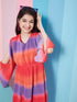 Girl's V-Neck Tie And Dye Striped Flared Sleeve Fit Flare Dress Orange ColorTrendy Stylish Outfit (d-shadeorange)