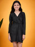 Girls Self Design V-Neck Sheen Bling & Sparkly Wrap Dress (d-shimblack)