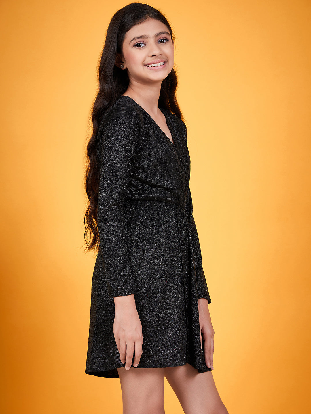 Girls Self Design V-Neck Sheen Bling & Sparkly Wrap Dress (d-shimblack)