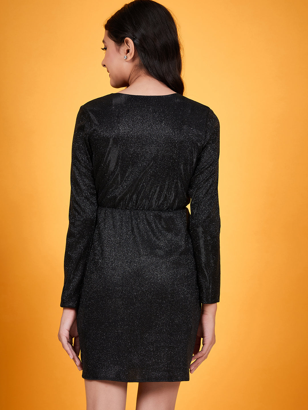 Girls Self Design V-Neck Sheen Bling & Sparkly Wrap Dress (d-shimblack)
