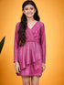 Girls Self Design V-Neck Sheen & Layered Wrap Dress (d-shimmagenta)