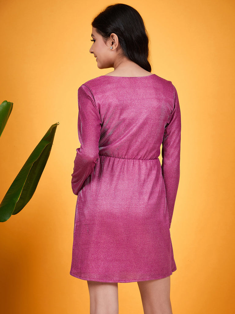 Girls Self Design V-Neck Sheen & Layered Wrap Dress (d-shimmagenta)