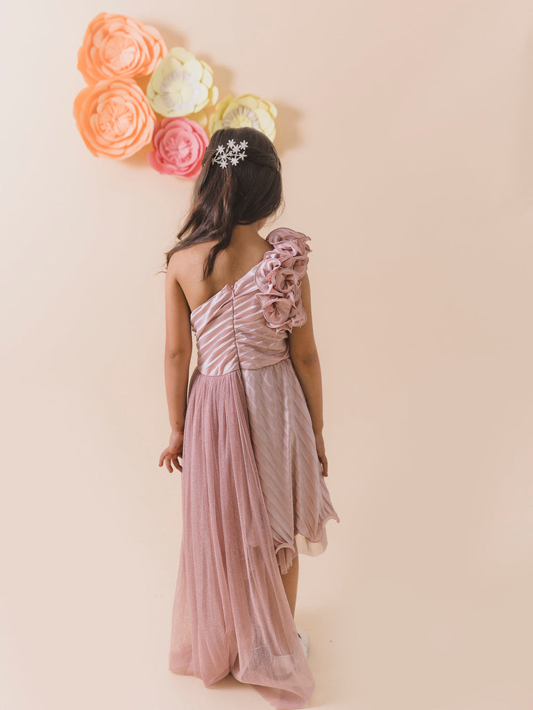 Gunmetal-Toned One Shoulder Satin A-Line Midi Sleeveless Party wear Dress (d-shimmerjaz)