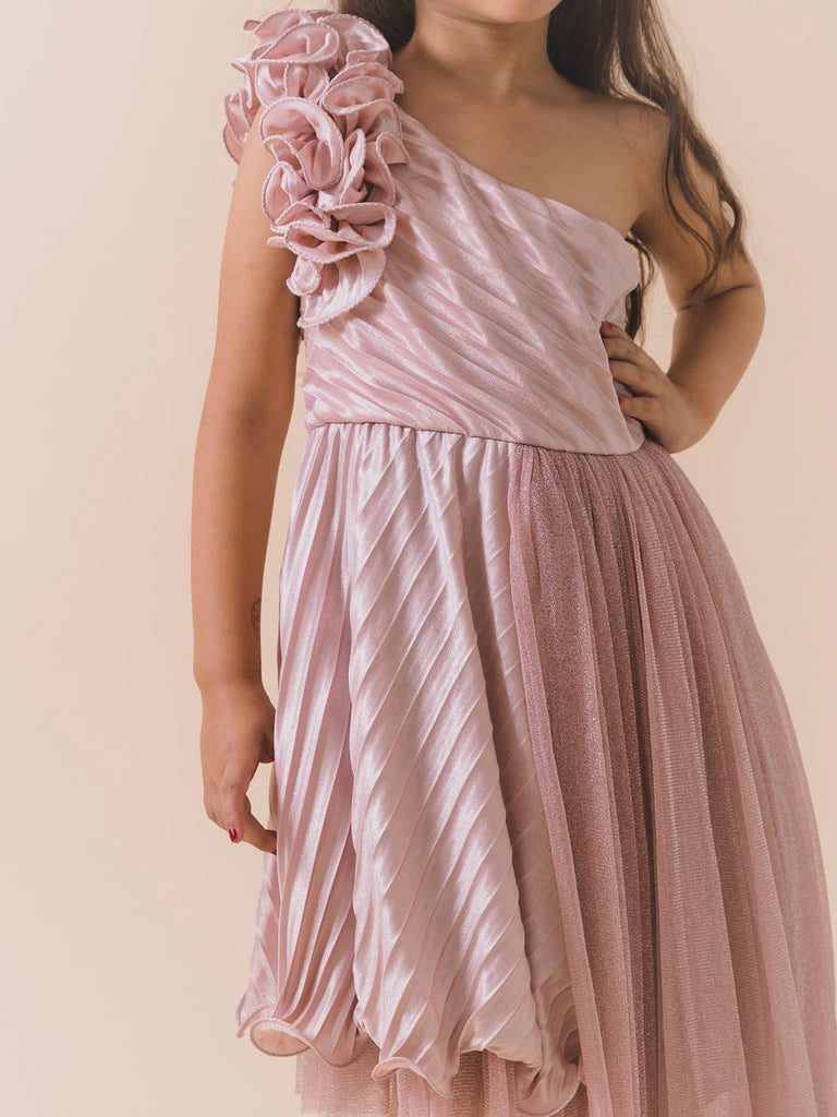 Gunmetal-Toned One Shoulder Satin A-Line Midi Sleeveless Party wear Dress (d-shimmerjaz)