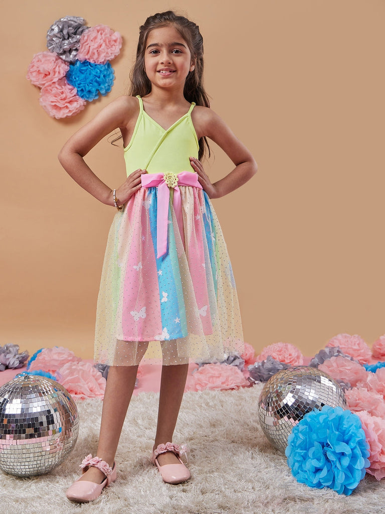Girl's Embellished Net Fit Flare Dress Sparkling Elegance for Every Occasion (d-stripebutterfly)
