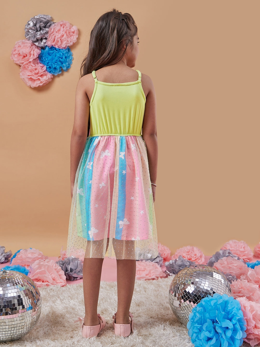 Girl's Embellished Net Fit Flare Dress Sparkling Elegance for Every Occasion (d-stripebutterfly)