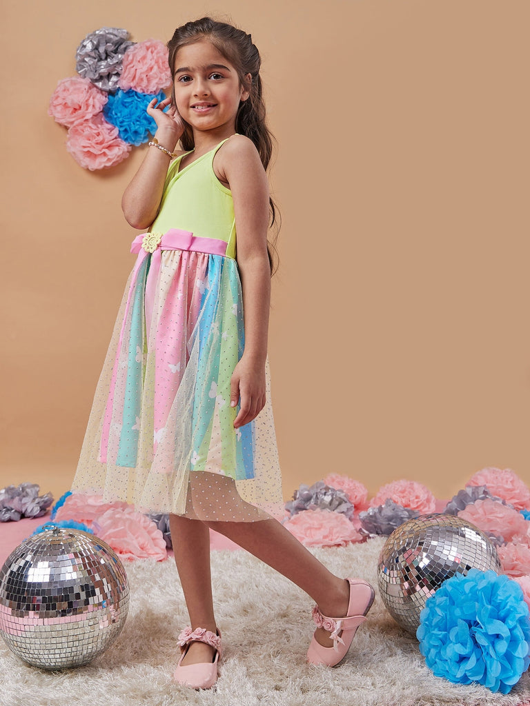 Girl's Embellished Net Fit Flare Dress Sparkling Elegance for Every Occasion (d-stripebutterfly)