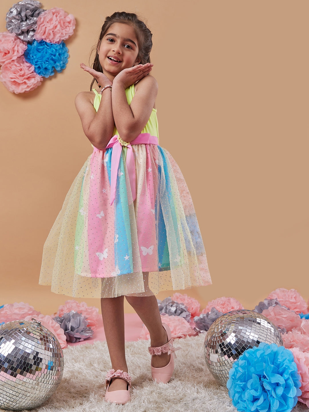 Girl's Embellished Net Fit Flare Dress Sparkling Elegance for Every Occasion (d-stripebutterfly)