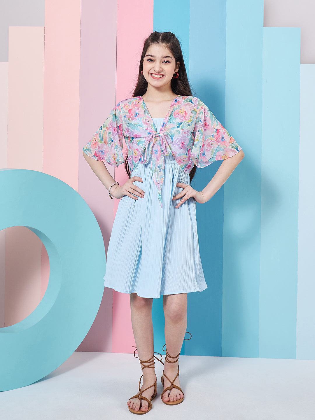 Stylish Girl's Self-Design Sleeveless Fit Flare Dress Blue Color Formal Wear Trendy Outfit Special Occasion Dress (d-sugarjacket)