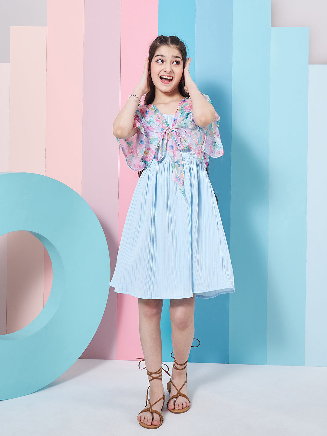 Stylish Girl's Self-Design Sleeveless Fit Flare Dress Blue Color Formal Wear Trendy Outfit Special Occasion Dress (d-sugarjacket)