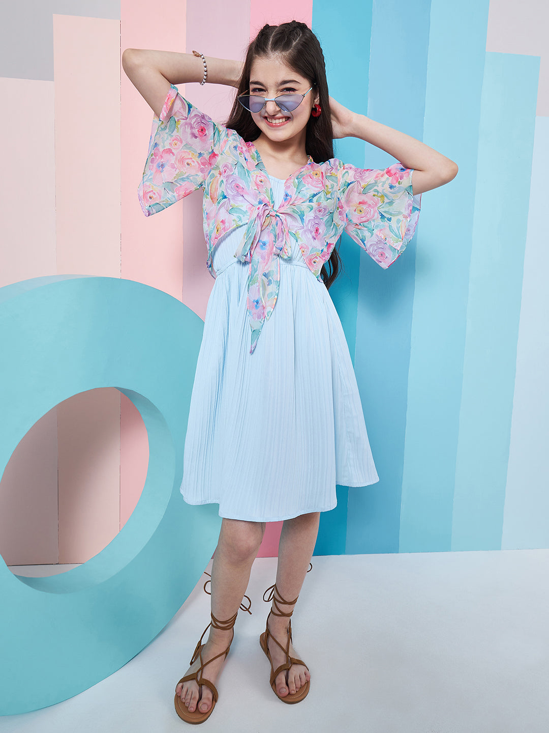 Stylish Girl's Self-Design Sleeveless Fit Flare Dress Blue Color Formal Wear Trendy Outfit Special Occasion Dress (d-sugarjacket)