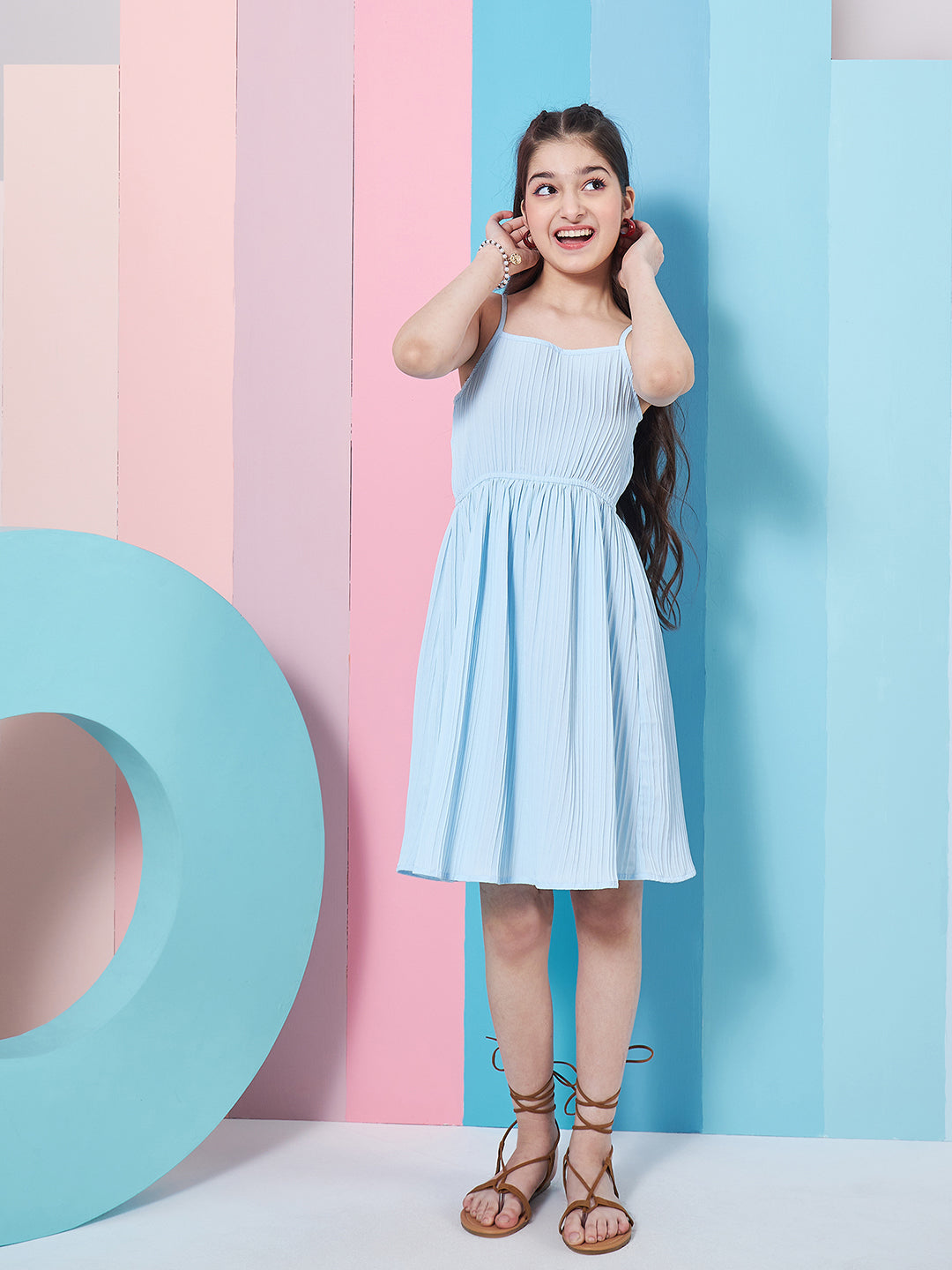 Stylish Girl's Self-Design Sleeveless Fit Flare Dress Blue Color Formal Wear Trendy Outfit Special Occasion Dress (d-sugarjacket)