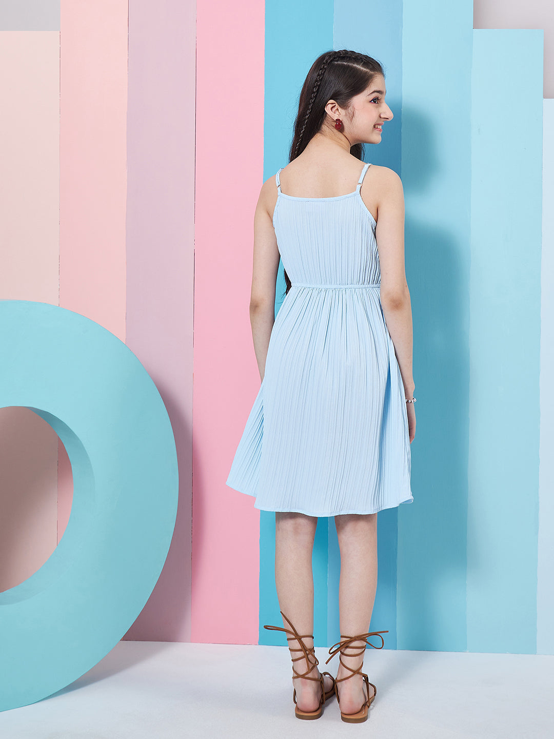 Stylish Girl's Self-Design Sleeveless Fit Flare Dress Blue Color Formal Wear Trendy Outfit Special Occasion Dress (d-sugarjacket)