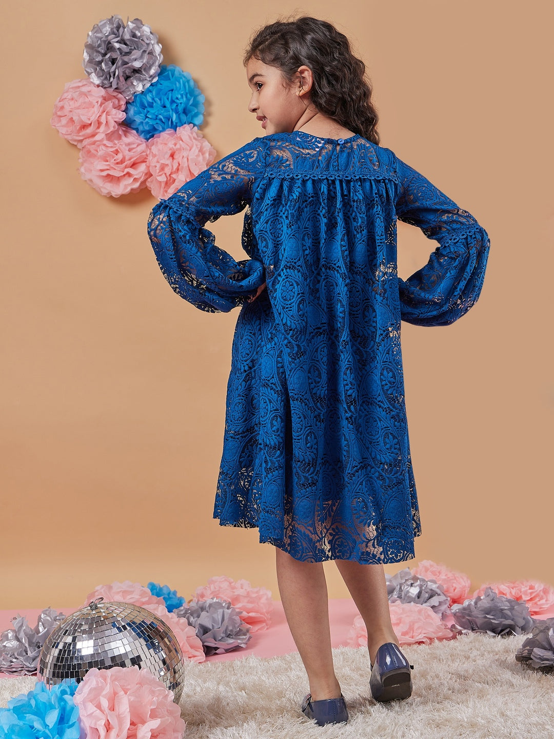Girl's Floral Print Round Neck Puff Sleeves A-Line Dress Blue Color Effortlessly Stylish and Chic (d-teallace)