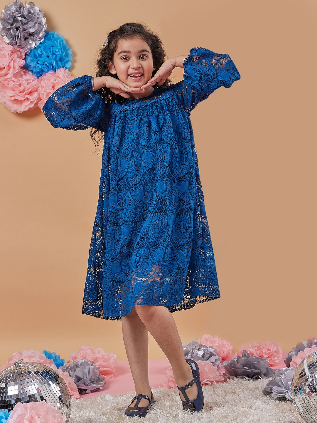 Girl's Floral Print Round Neck Puff Sleeves A-Line Dress Blue Color Effortlessly Stylish and Chic (d-teallace)