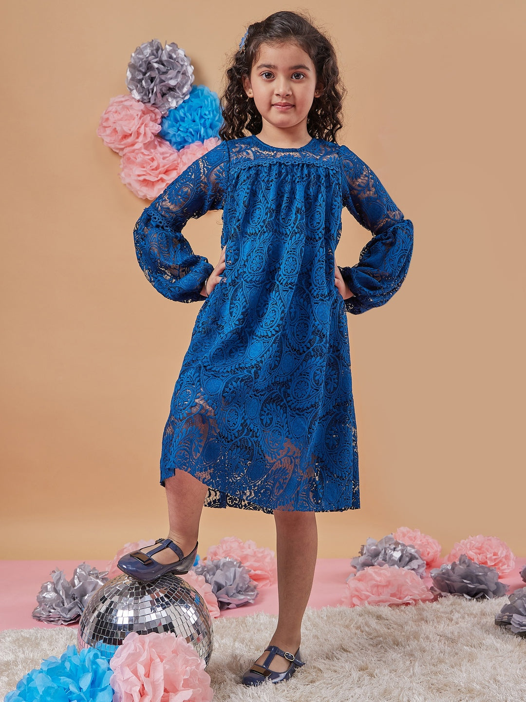 Girl's Floral Print Round Neck Puff Sleeves A-Line Dress Blue Color Effortlessly Stylish and Chic (d-teallace)