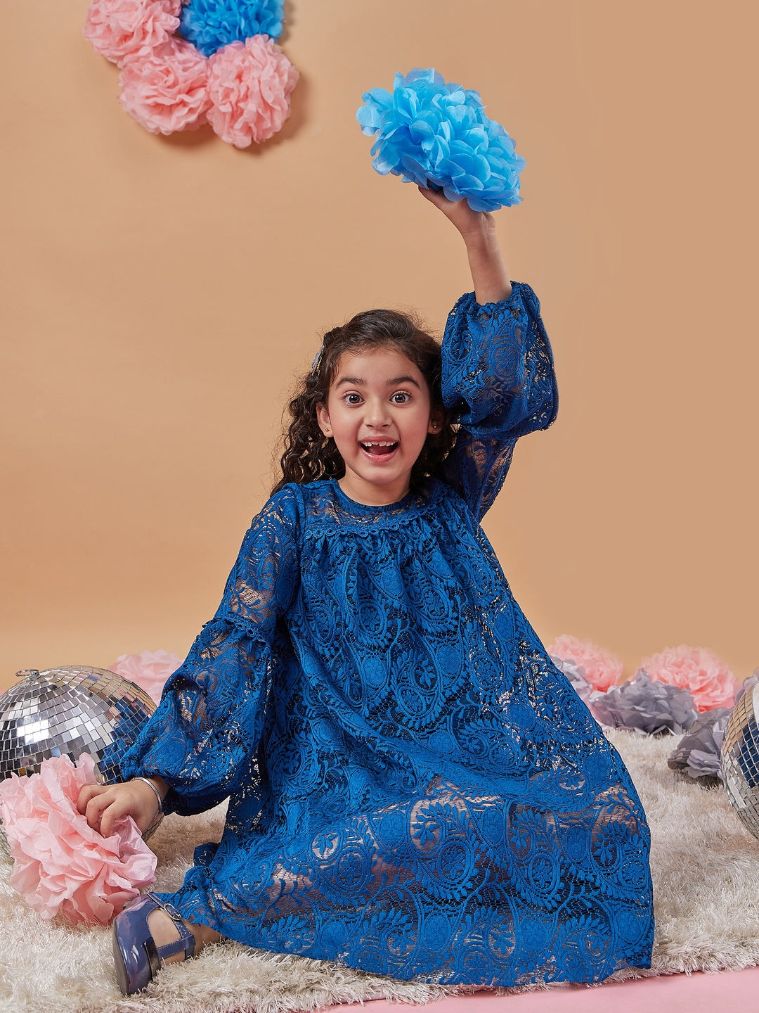 Girl's Floral Print Round Neck Puff Sleeves A-Line Dress Blue Color Effortlessly Stylish and Chic (d-teallace)