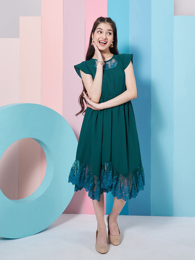 Girl's Extended Sleeve Lace Inserts Fit & Flare Dress Blue Color Trendy Stylish & Everyday Fashionable (d-teallong)