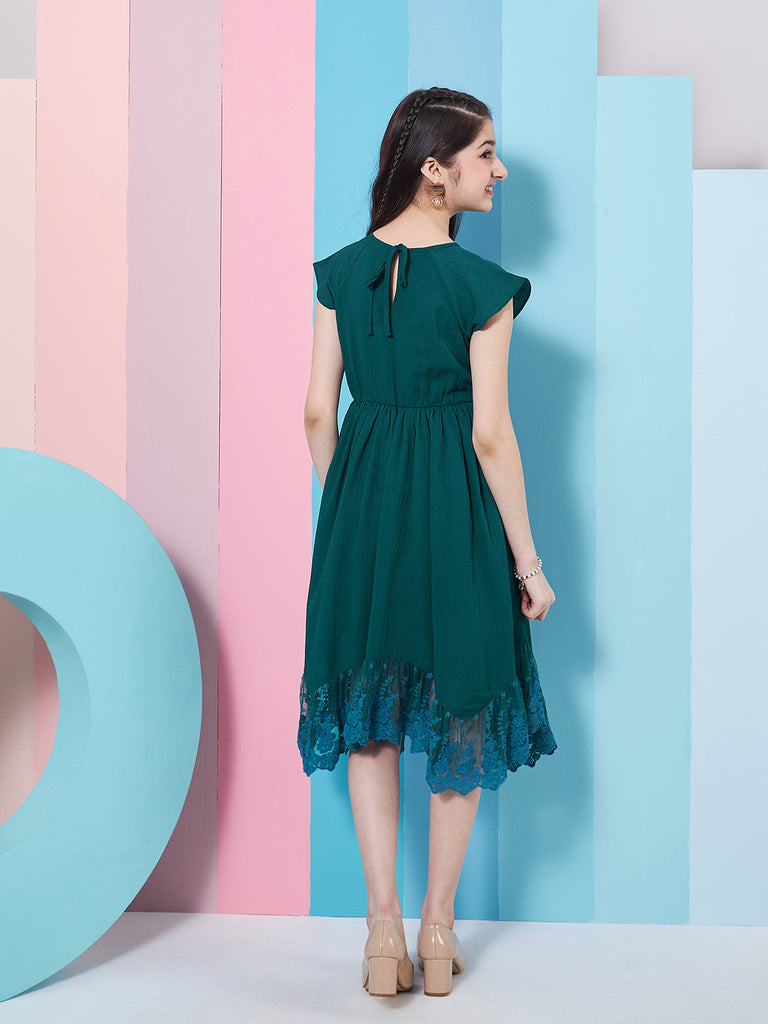 Girl's Extended Sleeve Lace Inserts Fit & Flare Dress Blue Color Trendy Stylish & Everyday Fashionable (d-teallong)