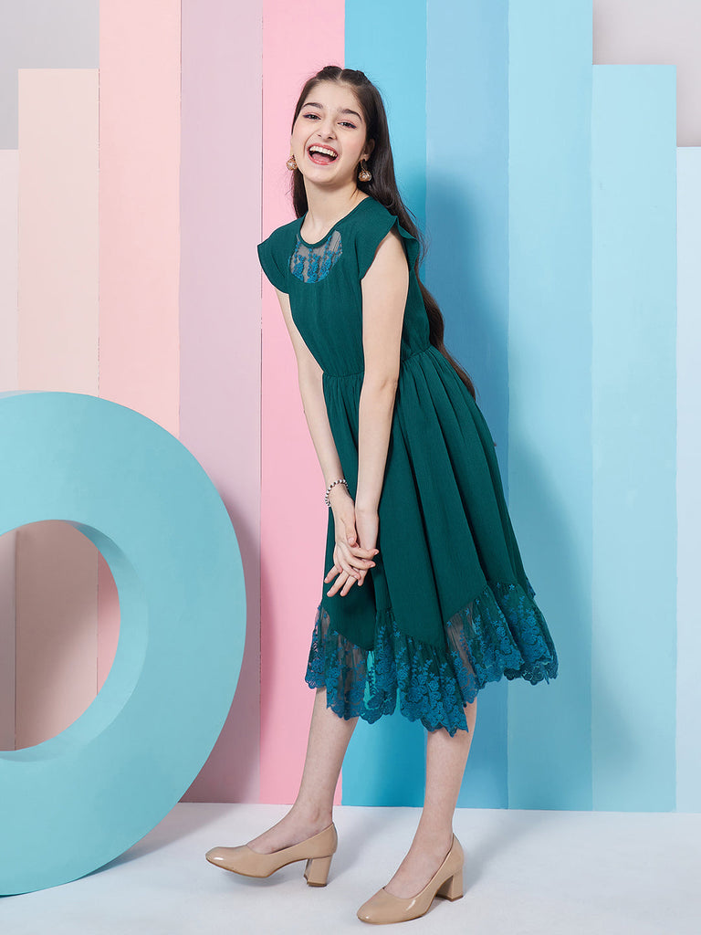 Girl's Extended Sleeve Lace Inserts Fit & Flare Dress Blue Color Trendy Stylish & Everyday Fashionable (d-teallong)