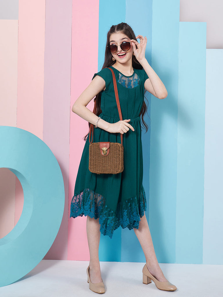 Girl's Extended Sleeve Lace Inserts Fit & Flare Dress Blue Color Trendy Stylish & Everyday Fashionable (d-teallong)
