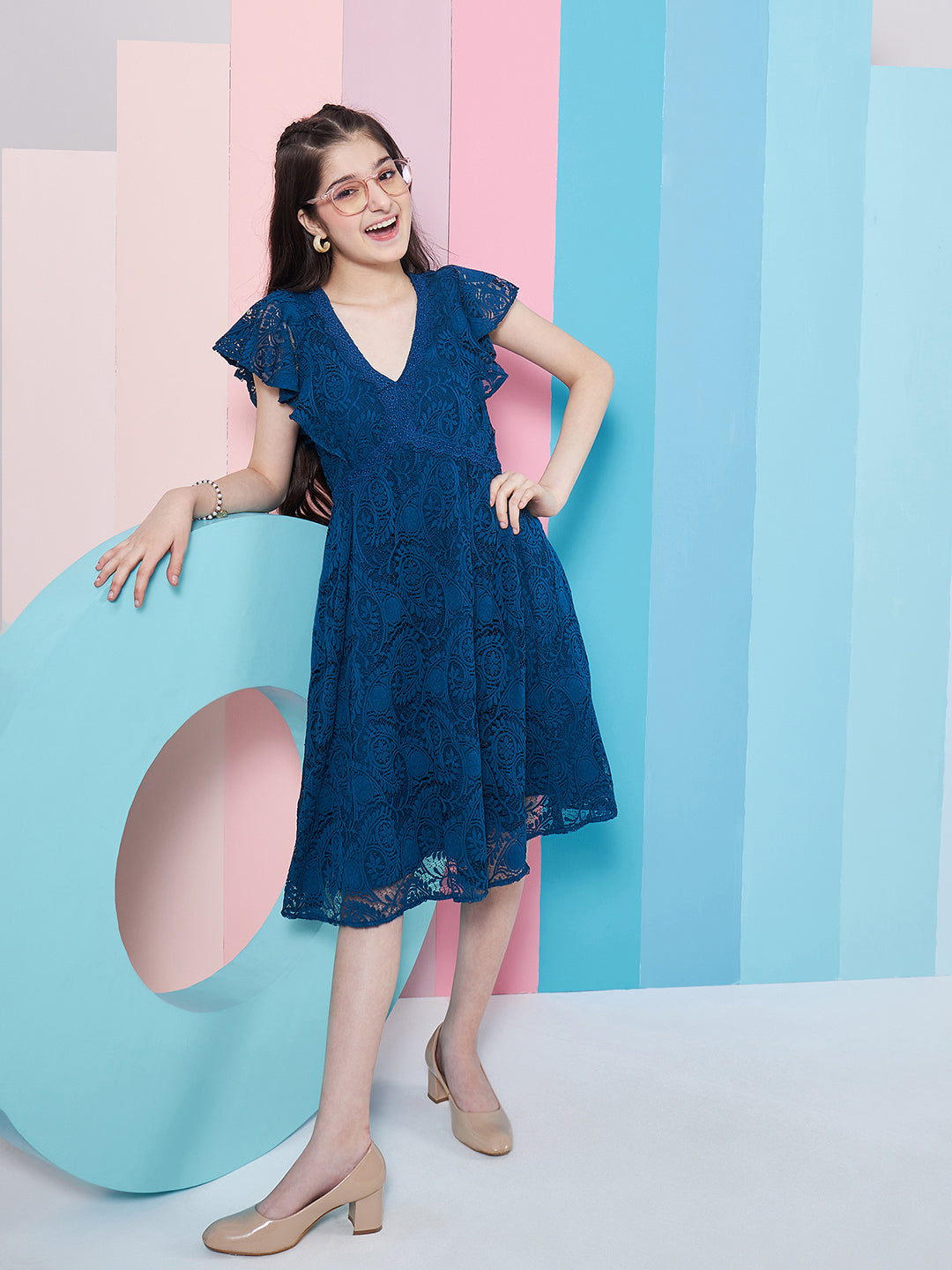Girl's Self Design V-Neck Fit Flare Dress Blue Color Casual Wear Effortlessly Chic and Stylish (d-tealteen)