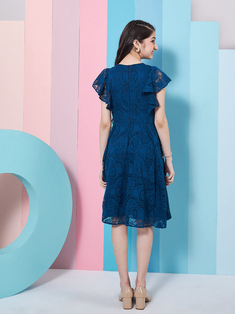 Girl's Self Design V-Neck Fit Flare Dress Blue Color Casual Wear Effortlessly Chic and Stylish (d-tealteen)