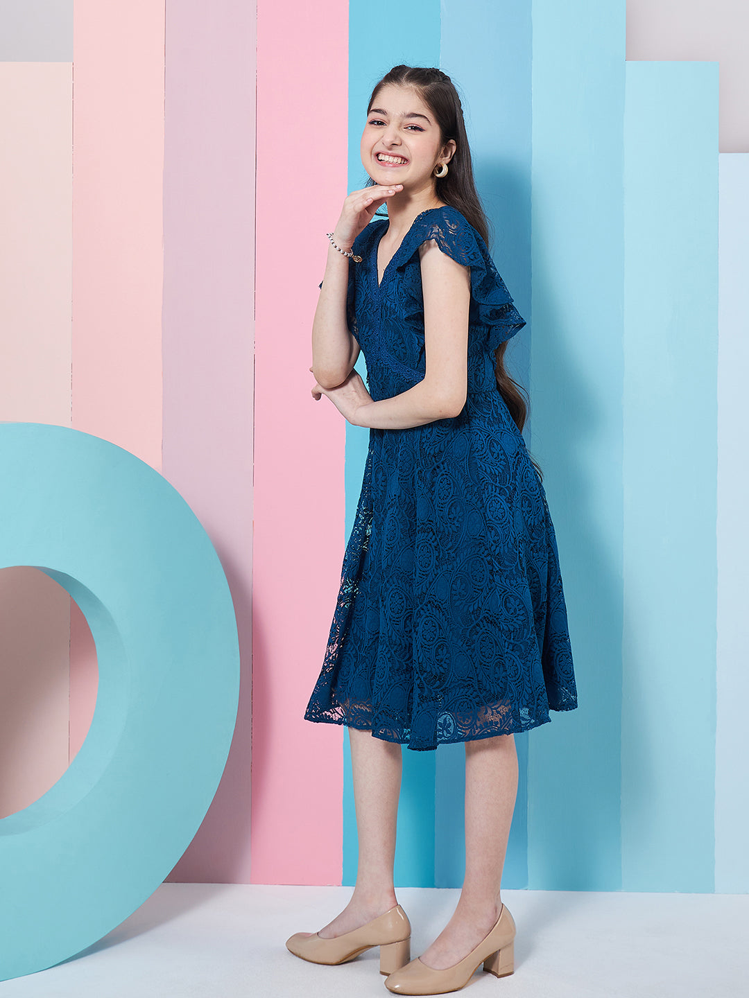 Girl's Self Design V-Neck Fit Flare Dress Blue Color Casual Wear Effortlessly Chic and Stylish (d-tealteen)