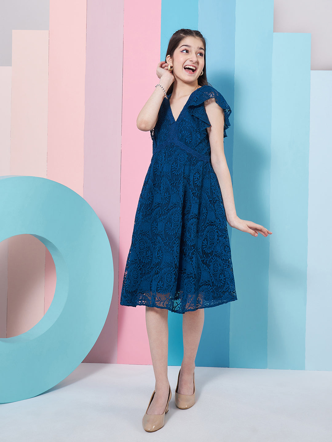 Girl's Self Design V-Neck Fit Flare Dress Blue Color Casual Wear Effortlessly Chic and Stylish (d-tealteen)