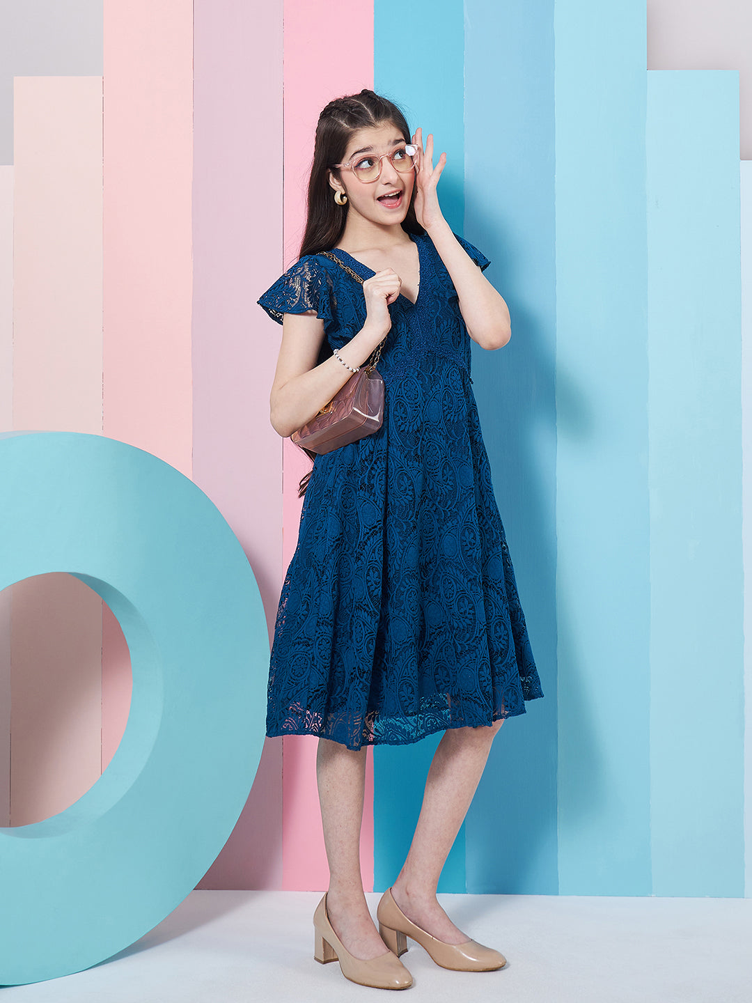 Girl's Self Design V-Neck Fit Flare Dress Blue Color Casual Wear Effortlessly Chic and Stylish (d-tealteen)