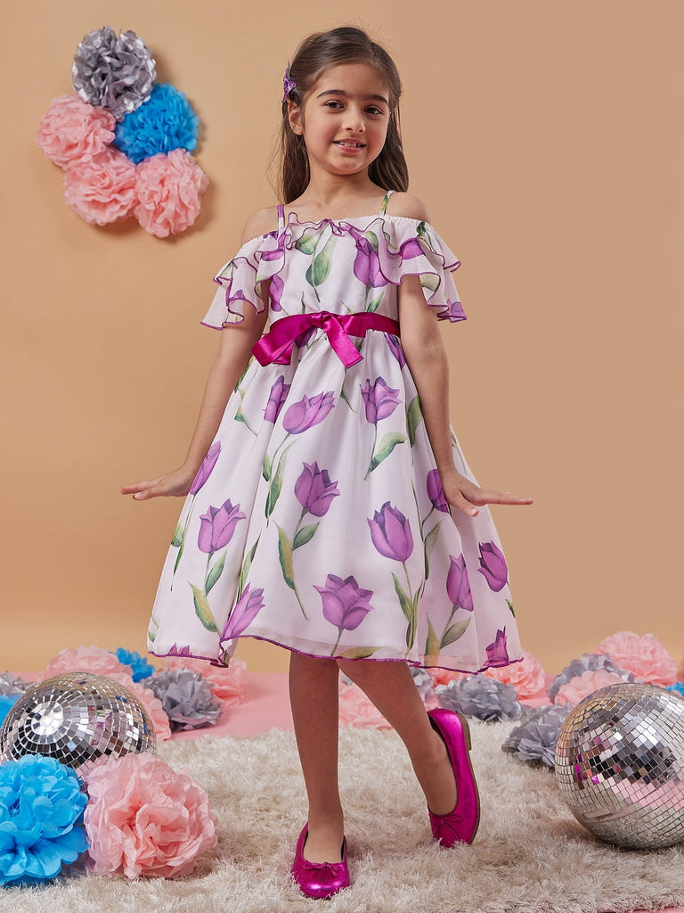 Girl's Floral Printed Cold-Shoulder Bow Fit Flare Midi Dress White Color Light wear in Summer Trendy Style (d-tulip)