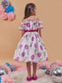 Girl's Floral Printed Cold-Shoulder Bow Fit Flare Midi Dress White Color Light wear in Summer Trendy Style (d-tulip)