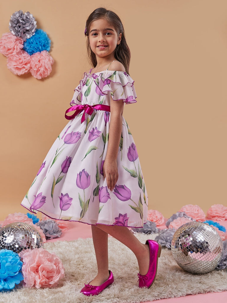 Girl's Floral Printed Cold-Shoulder Bow Fit Flare Midi Dress White Color Light wear in Summer Trendy Style (d-tulip)
