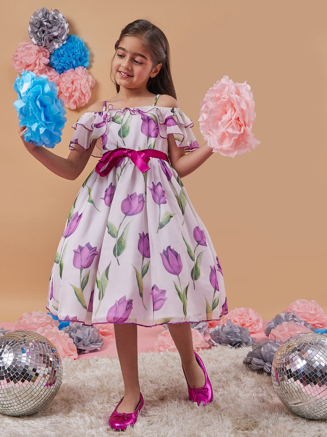 Girl's Floral Printed Cold-Shoulder Bow Fit Flare Midi Dress White Color Light wear in Summer Trendy Style (d-tulip)